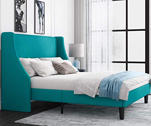 Allewie Queen Bed Frame, Platform Bed Frame Queen Size with Upholstered Headboard, Modern Deluxe Wingback, Wood Slat Support, Mattress Foundation, Peacock Green