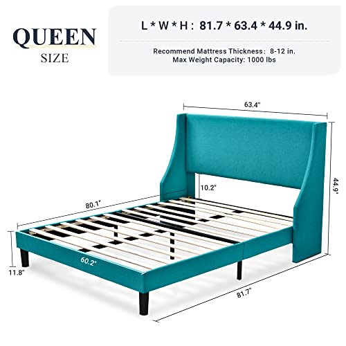 Allewie Queen Bed Frame, Platform Bed Frame Queen Size with Upholstered Headboard, Modern Deluxe Wingback, Wood Slat Support, Mattress Foundation, Peacock Green