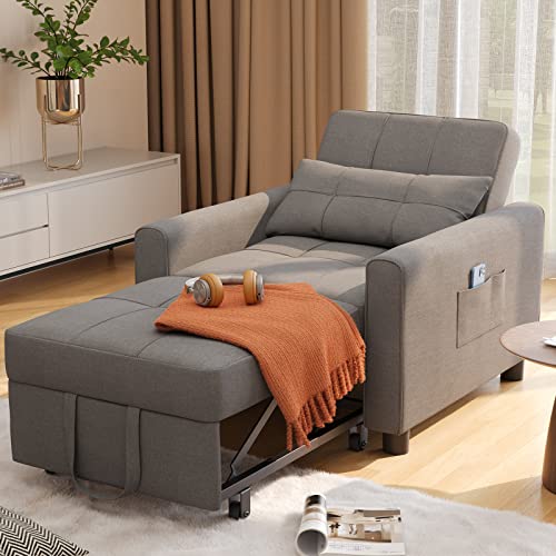 Sleeper Chair Bed, 3-in-1 Convertible Chair Bed, Adjustable Recliner Sofa Bed with Pillow, Multi-Functional Folding Sleeper Chair Bed, Single Bed Chair with Modern Linen Fabric for Apartment, Gray