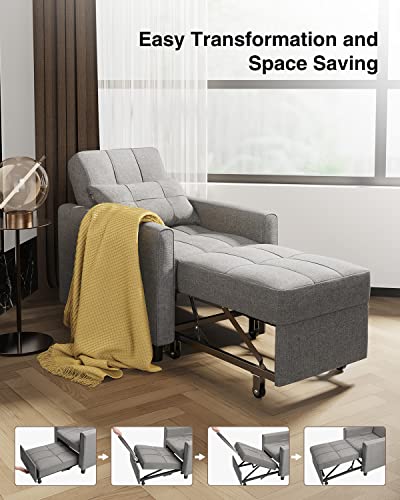 Sleeper Chair Bed, 3-in-1 Convertible Chair Bed, Adjustable Recliner Sofa Bed with Pillow, Multi-Functional Folding Sleeper Chair Bed, Single Bed Chair with Modern Linen Fabric for Apartment, Gray