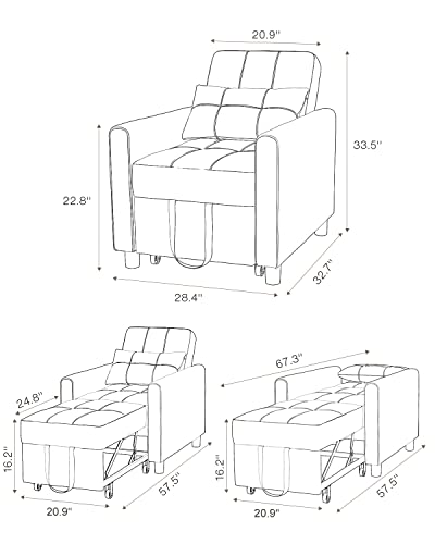 Sleeper Chair Bed, 3-in-1 Convertible Chair Bed, Adjustable Recliner Sofa Bed with Pillow, Multi-Functional Folding Sleeper Chair Bed, Single Bed Chair with Modern Linen Fabric for Apartment, Gray