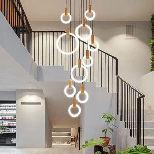 jaymp 10 rings stair chandelier high ceiling modern led acrylic circle wooden nordic art pendant lighting long chandeliers white living room restaurant hotel hallway entrance staircase