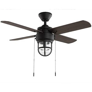 hampton bay cedar lake 44 in. indoor/outdoor led matte black damp rated downrod ceiling fan with light kit and 4 reversible blades (52109)