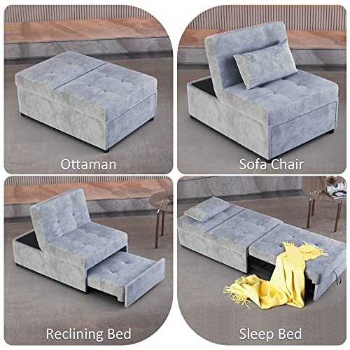 PHOYAL Deck Chair, Sofa Bed Convertible Chair 4 in 1 Multi-Function Folding Ottoman Modern Breathable Linen Guest Bed with Adjustable Sleeper for Small Room Apartment, Grey