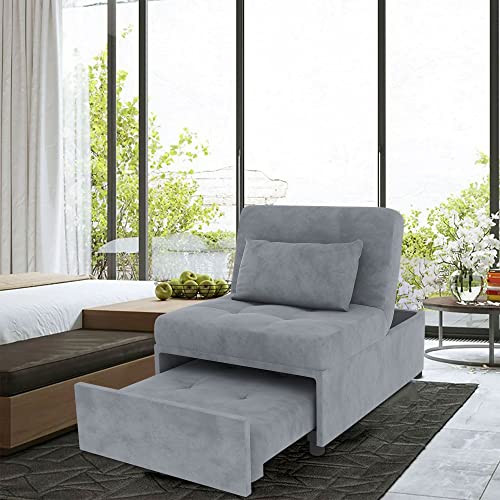 PHOYAL Deck Chair, Sofa Bed Convertible Chair 4 in 1 Multi-Function Folding Ottoman Modern Breathable Linen Guest Bed with Adjustable Sleeper for Small Room Apartment, Grey