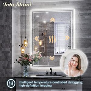 TokeShimi 32 X 24 Inch LED Bathroom Mirror with Front and Back Light 3 Color Dimmable Anti Fog Function Touch Switch Wall Mounted Bathroom Mirror with Adjustable White/Warm/Natural Lights Waterproof