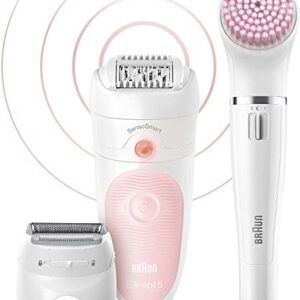 Braun Silk-épil Wet & Dry 5 5-895 Beauty Set, Women Epilator for Hair Removal, Attachments Made for Shaving, Peeling & Facial and Body Cleansing - White / Flamingo