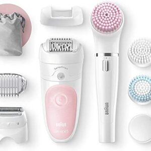 Braun Silk-épil Wet & Dry 5 5-895 Beauty Set, Women Epilator for Hair Removal, Attachments Made for Shaving, Peeling & Facial and Body Cleansing - White / Flamingo