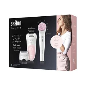 Braun Silk-épil Wet & Dry 5 5-895 Beauty Set, Women Epilator for Hair Removal, Attachments Made for Shaving, Peeling & Facial and Body Cleansing - White / Flamingo