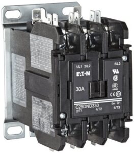 eaton c25dnd330a definite purpose contactor, 50mm, 3 poles, screw/pressure plate, quick connect side by side terminals, 30a current rating, 2 max hp single phase at 115v, 10 max hp three phase at 230v, 15 max hp three phase at 480v, 120vac coil voltage