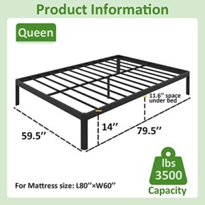 Yitong Angel 14 Inch Queen Bed Frame with Round Corner Edge Legs, 3500 lbs Heavy Duty Metal Platform Bed Frame Queen Size, Steel Slats Support/No Box Spring Needed/Noise Free/Non-Slip