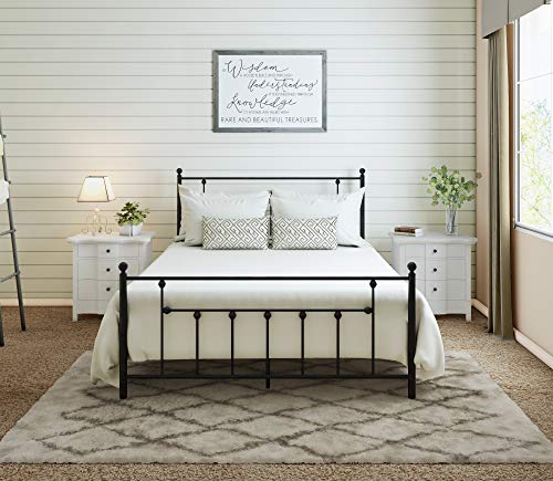 AMBEE21 Victorian Queen Metal Bed Frame with Headboard and Footboard Platform/Wrought Iron/Heavy Duty/Solid Sturdy Metal Slat/Black/No Box Spring Needed/Mattress Foundation/Under Bed Storage