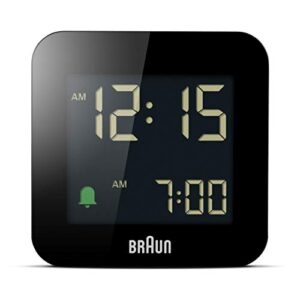 braun digital travel alarm clock with snooze, compact size, negative lcd display, quick set, crescendo beep alarm in black, model bc08b.