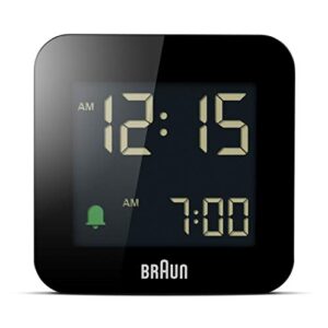 Braun Digital Travel Alarm Clock with Snooze, Compact Size, Negative LCD Display, Quick Set, Crescendo Beep Alarm in Black, Model BC08B.