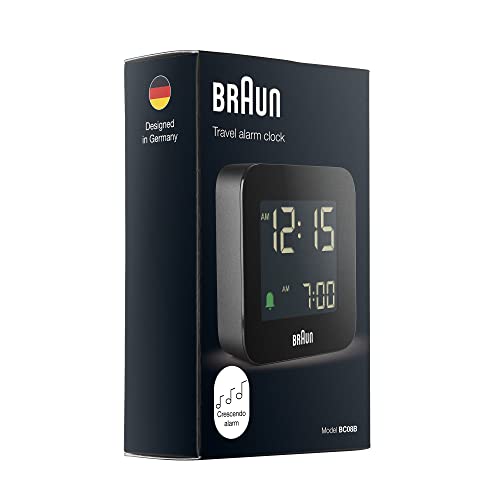 Braun Digital Travel Alarm Clock with Snooze, Compact Size, Negative LCD Display, Quick Set, Crescendo Beep Alarm in Black, Model BC08B.