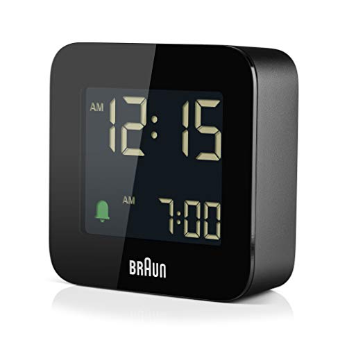 Braun Digital Travel Alarm Clock with Snooze, Compact Size, Negative LCD Display, Quick Set, Crescendo Beep Alarm in Black, Model BC08B.