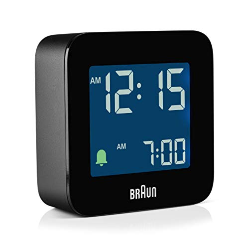 Braun Digital Travel Alarm Clock with Snooze, Compact Size, Negative LCD Display, Quick Set, Crescendo Beep Alarm in Black, Model BC08B.