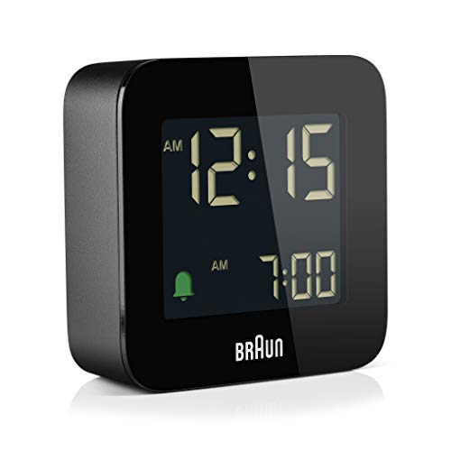 Braun Digital Travel Alarm Clock with Snooze, Compact Size, Negative LCD Display, Quick Set, Crescendo Beep Alarm in Black, Model BC08B.