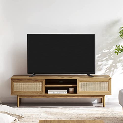 mopio Haylee Farmhouse Rattan 59" TV Stand, 100% Natural for 55/60 inch TV, Modern Farmhouse Boho with Rattan Sliding Doors, Adjustable Shelves, Includes Leveler (Natural Oak)