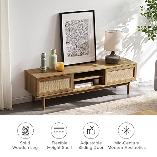 mopio Haylee Farmhouse Rattan 59" TV Stand, 100% Natural for 55/60 inch TV, Modern Farmhouse Boho with Rattan Sliding Doors, Adjustable Shelves, Includes Leveler (Natural Oak)