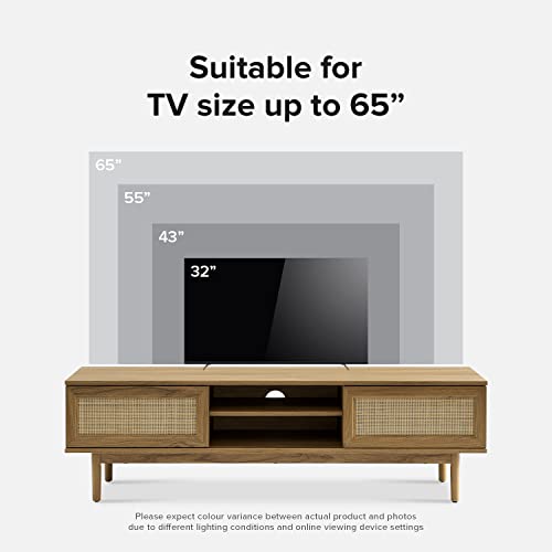 mopio Haylee Farmhouse Rattan 59" TV Stand, 100% Natural for 55/60 inch TV, Modern Farmhouse Boho with Rattan Sliding Doors, Adjustable Shelves, Includes Leveler (Natural Oak)