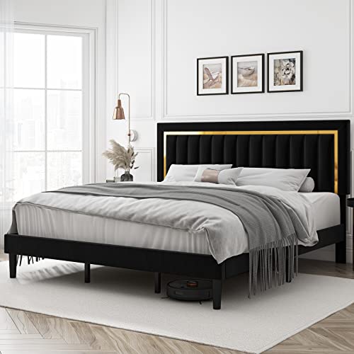 HITHOS King Size Bed Frame with Adjustable Tufted Headboard, Velvet Upholstered Platform Bed Frame with Gold Trim, Heavy Duty Mattress Foundation with Steel Frame, Easy-Assembly Slats (Black, King)