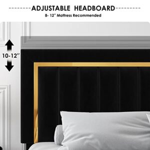 HITHOS King Size Bed Frame with Adjustable Tufted Headboard, Velvet Upholstered Platform Bed Frame with Gold Trim, Heavy Duty Mattress Foundation with Steel Frame, Easy-Assembly Slats (Black, King)