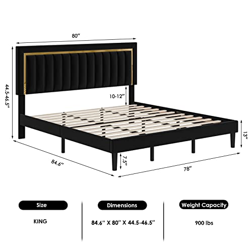 HITHOS King Size Bed Frame with Adjustable Tufted Headboard, Velvet Upholstered Platform Bed Frame with Gold Trim, Heavy Duty Mattress Foundation with Steel Frame, Easy-Assembly Slats (Black, King)