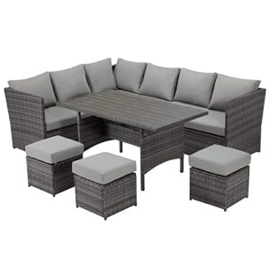 u-max 7 pieces patio furniture set outdoor sectional sofa conversation set all weather wicker rattan couch dining table & chair with ottoman, gray