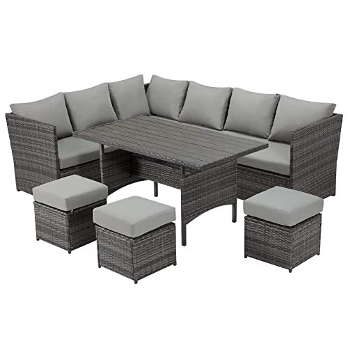 U-MAX 7 Pieces Patio Furniture Set Outdoor Sectional Sofa Conversation Set All Weather Wicker Rattan Couch Dining Table & Chair with Ottoman, Gray