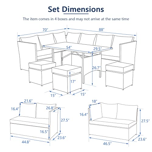 U-MAX 7 Pieces Patio Furniture Set Outdoor Sectional Sofa Conversation Set All Weather Wicker Rattan Couch Dining Table & Chair with Ottoman, Gray