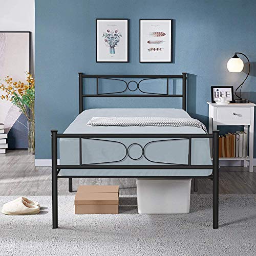 Metal Twin Bed Frames with Headboard for Boys Girls Adults Twin/Single Size Bed Frame No Box Spring Needed - Platform Beds Mattress Foundation with Storage for Student Teenager-Black