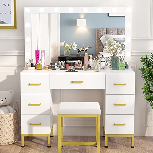 WJFORLION Vanity Set with Lighted Mirror, 44'' Makeup Vanity Dressing Table with 14PCS LED Bulbs, Vanity Desk White Vanity with Cushioned Stool & 7 Drawers for Bedroom(White)