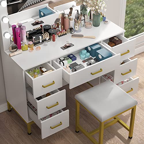 WJFORLION Vanity Set with Lighted Mirror, 44'' Makeup Vanity Dressing Table with 14PCS LED Bulbs, Vanity Desk White Vanity with Cushioned Stool & 7 Drawers for Bedroom(White)