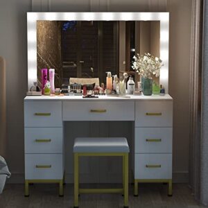WJFORLION Vanity Set with Lighted Mirror, 44'' Makeup Vanity Dressing Table with 14PCS LED Bulbs, Vanity Desk White Vanity with Cushioned Stool & 7 Drawers for Bedroom(White)