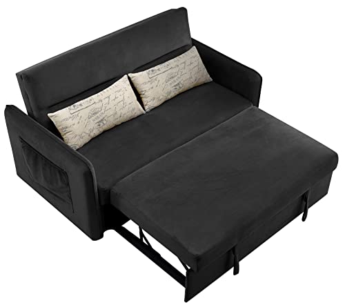 XD Designs 2-in-1 Design Pull Out Sofa Bed with 2 Pillows Adjustable Backrest, Modern Multi-Function Velvet Couch Bed Loveseat with 2 Big Side Pocket for Living Room Office Apartment (Black-1)