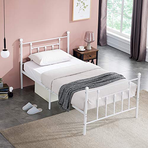 VECELO Twin Size Metal Platform Bed Frame with Headboard and Footboard, Sturdy Steel Slat Support/No Box Spring Needed Mattress Foundation/Easy Assemble，Victorian Style, Pure White