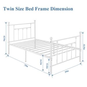 VECELO Twin Size Metal Platform Bed Frame with Headboard and Footboard, Sturdy Steel Slat Support/No Box Spring Needed Mattress Foundation/Easy Assemble，Victorian Style, Pure White