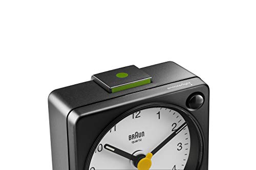 Braun Classic Travel Analogue Alarm Clock with Snooze and Light, Compact Size, Quiet Quartz Movement, Crescendo Beep Alarm in Black and White, Model BC02XBW.