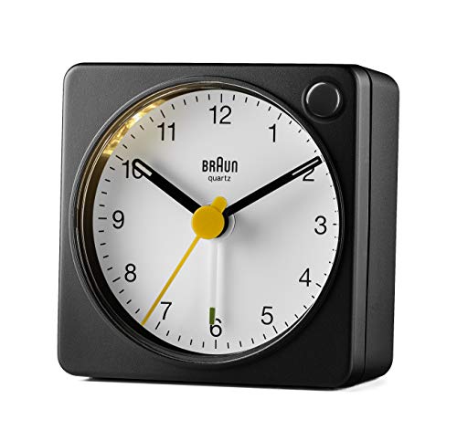 Braun Classic Travel Analogue Alarm Clock with Snooze and Light, Compact Size, Quiet Quartz Movement, Crescendo Beep Alarm in Black and White, Model BC02XBW.