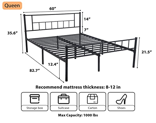 12 Inch Platform Queen Bed Frame with Headboard, Heavy Duty Bed Frame Queen Size Metal Bed Frame with Storage, Mattress Foundation Bed Frames No Box Spring Needed, Under Bed Storage, Noise-Free, Black