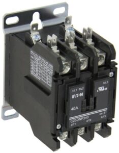 eaton c25dnf340a definite purpose contactor, 50mm, 3 poles, box lugs, quick connect side by side terminals, 40a current rating, 3 max hp single phase at 115v, 10 max hp three phase at 230v, 20 max hp three phase at 480v, 120vac coil voltage