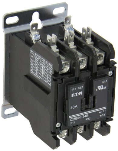 Eaton C25DNF340A Definite Purpose Contactor, 50mm, 3 Poles, Box Lugs, Quick Connect Side By Side Terminals, 40A Current Rating, 3 Max HP Single Phase at 115V, 10 Max HP Three Phase at 230V, 20 Max HP Three Phase at 480V, 120VAC Coil Voltage