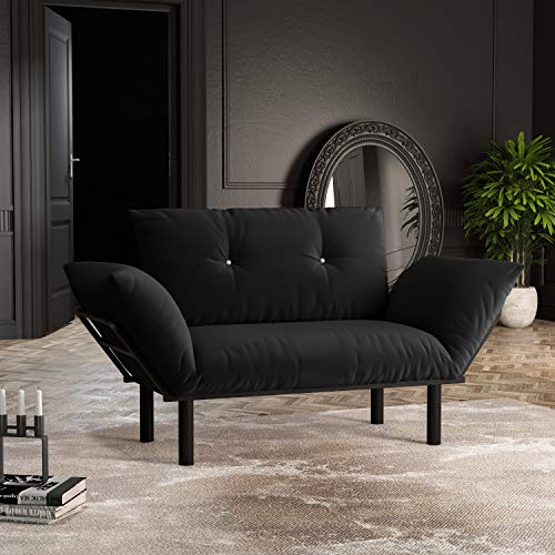 HT Design Extra Wide Modern Loveseat Futon for Living Rooms and Bedroom, Removable Back and Seat Cushion, Small Size Furniture for Guest Room Studio Apartments, Black