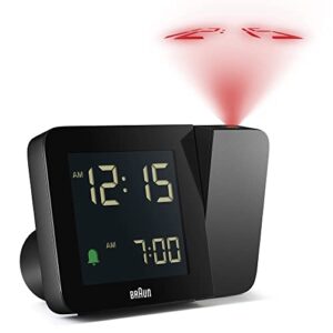 braun digital projection alarm clock with 4 backlight options, negative lcd display, quick set, beep alarm in black, model bc15b