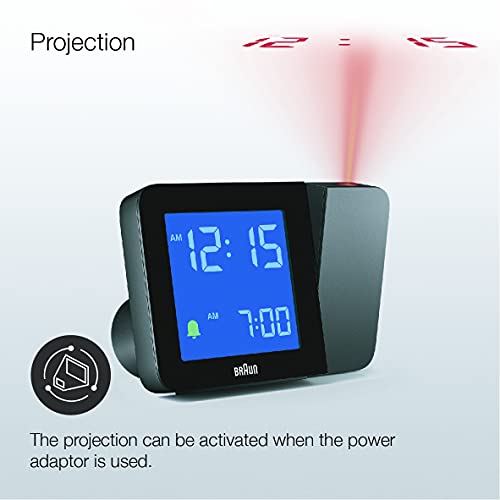 Braun Digital Projection Alarm Clock with 4 Backlight Options, Negative LCD Display, Quick Set, Beep Alarm in Black, Model BC15B