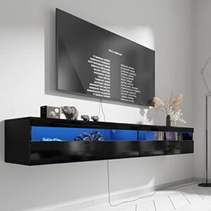 ANTISTA Floating TV Stand Up to 80 Inch TVS, 70'' Floating Entertainment Center with Led Lights, High Gloss Floating TV Shelf for Living Room Bedroom, 29 Scene Modes (Black)