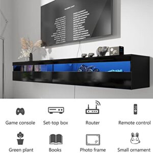 ANTISTA Floating TV Stand Up to 80 Inch TVS, 70'' Floating Entertainment Center with Led Lights, High Gloss Floating TV Shelf for Living Room Bedroom, 29 Scene Modes (Black)