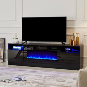 Amerlife Fireplace TV Stand with 36" Electric Fireplace, LED Light Entertainment Center, Modern Wood Texture Entertainment Stand with Highlight Storage Cabinet for TVs Up to 80", 70 inches, Black