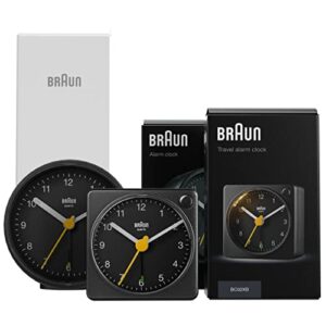 braun classic mixed black analogue alarm clock home gift bundle with snooze and light, quiet quartz movement, crescendo beep alarm in black, model bc12b, bc02xb (2 pack)